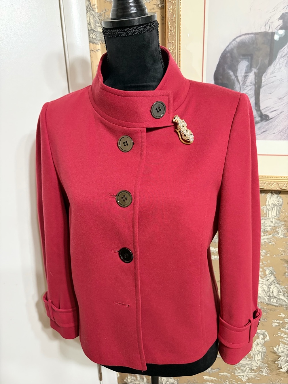 Tahari Lipstick-Red Swing Coat with Stand Up-Collar Size 8